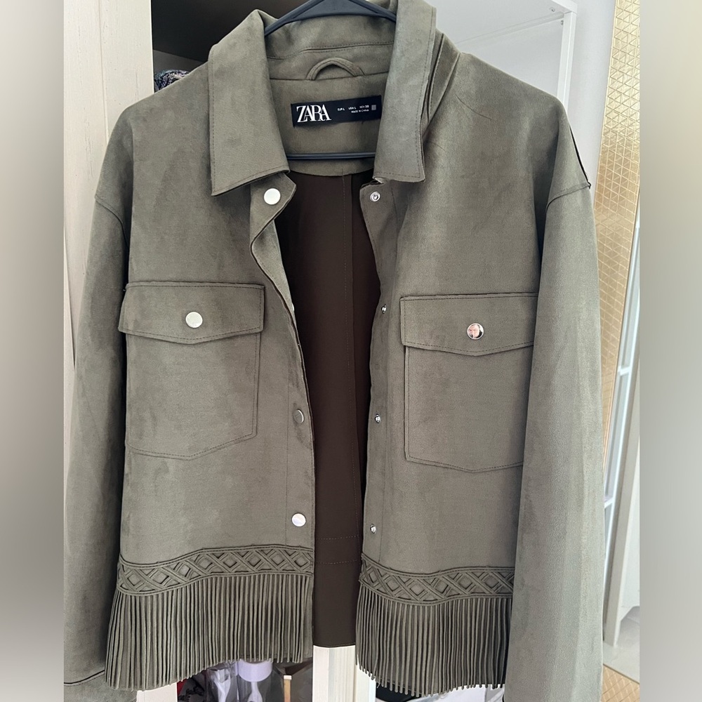 NWOT Zara dark green faux suede fringe jacket